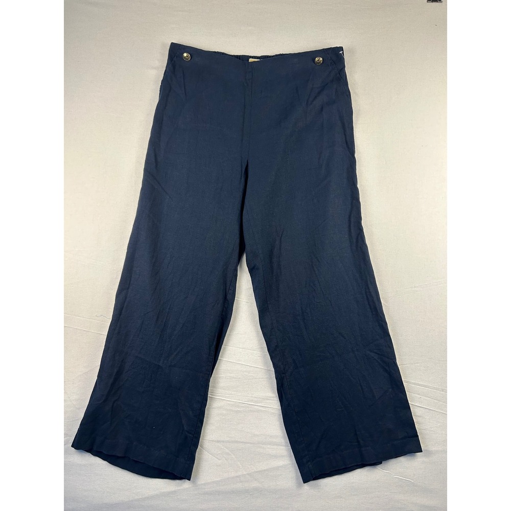Michael Kors Womens XL Navy Blue Linen Wide Leg Cropped Pants Gold Button Detail